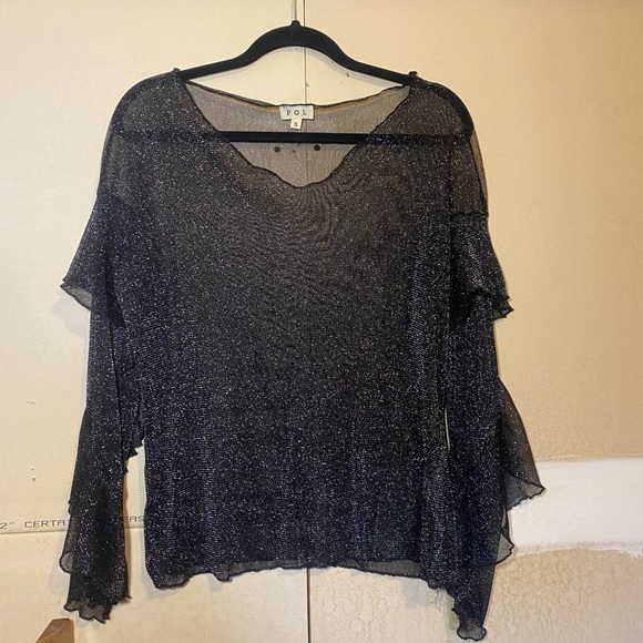 Black & Silver Sheer Ruffled Sleeve Blouse - Picture 3 of 3
